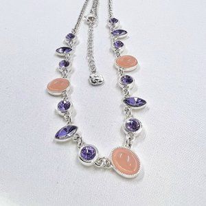 Monet - Purple & Peach Jeweled Shiny Silver Tone Round Link 16” Chain Necklace